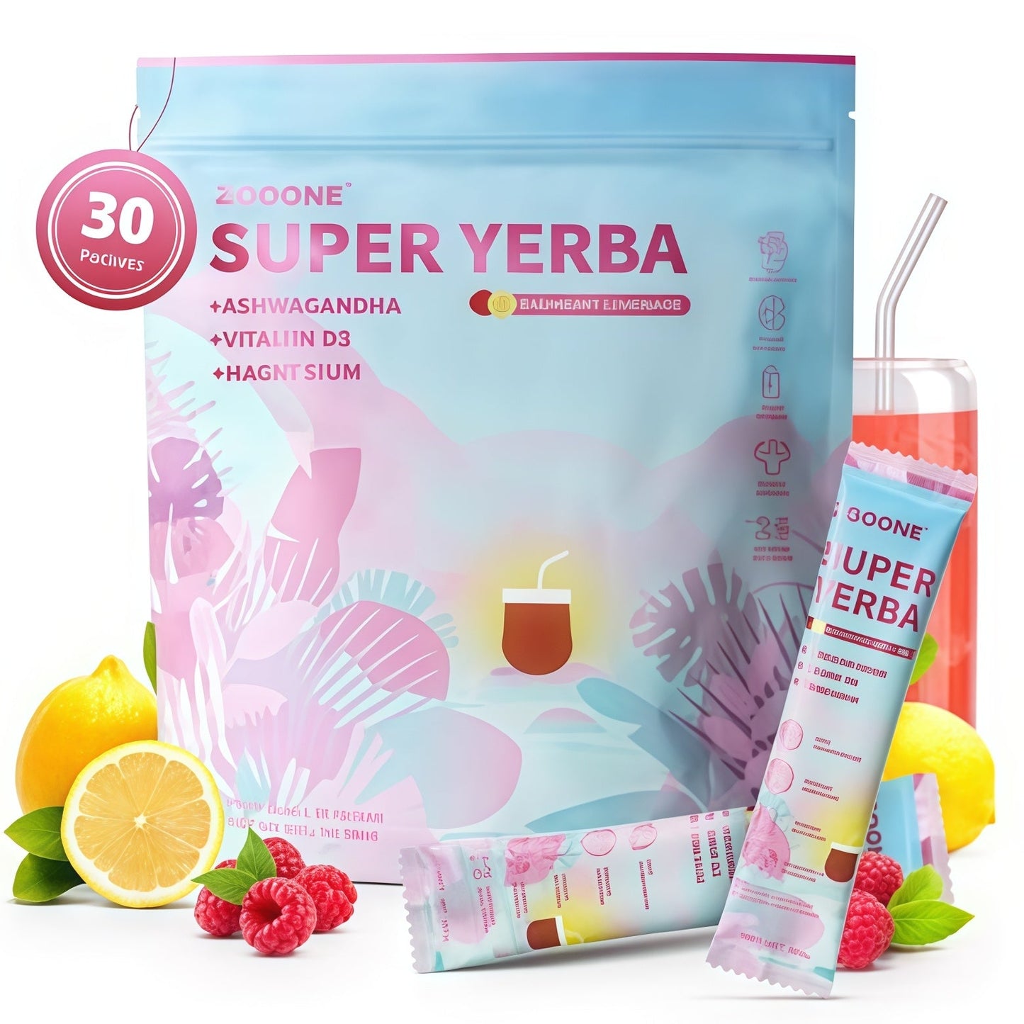 Zooone Super Yerba | Yerba Mate Instant Drink Powder | RASPBERRY LEMONADE Flavor | 30 Servings