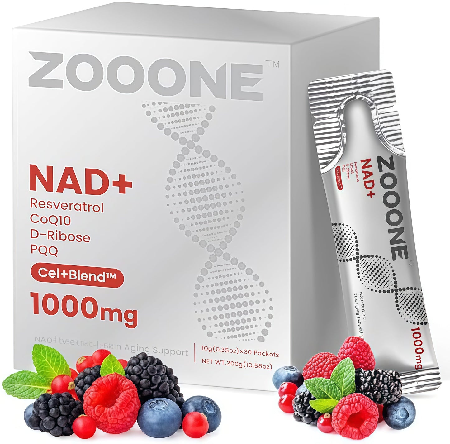 Zooone NR1000-NAD+ | Berry Flavor Drink Mix | Skin Aging Support | Energy & Focus | 30 Pack